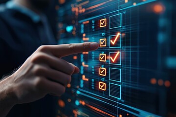 hand interacting with a digital checklist interface displaying check marks.