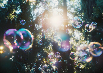Wall Mural - a photograph of colorful soap bubbles floating in the air,