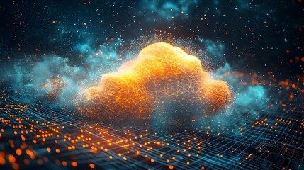 Wall Mural - fusion of a glowing ethereal cloud merging with a dynamic futuristic tech grid background creating a