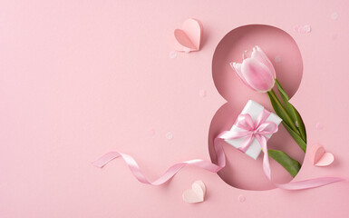 Elegant design with a tulip and gift on a pink backdrop for celebration