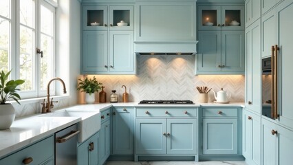 Serene light blue kitchen with marble countertops and copper accents featuring a farmhouse sink and modern appliances