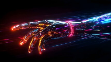 Wall Mural - abstract robotic arm design with luminous neon light trails flowing dynamically against a dark futur