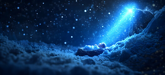 Wall Mural - a blue beam of light shines on the baby jesus in his manger, against a starry sky.