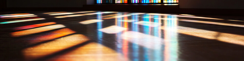 Wall Mural - Multicolored Light Patterns Projected on Polished Wood Floor from Stained Glass Window