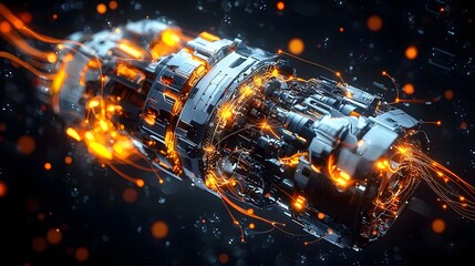 Wall Mural - futuristic robotic parts glowing wires and circuit components floating in an abstract dynamic and su