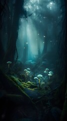 Aufkleber - Mystical enchanted forest with towering ancient trees, glowing bioluminescent fungi, ethereal mist swirling at ground level, faint magical light beams filtering through the dense canopy, serene yet