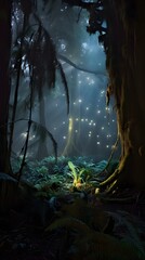 Aufkleber - Mystical enchanted forest with towering ancient trees, glowing bioluminescent fungi, ethereal mist swirling at ground level, faint magical light beams filtering through the dense canopy, serene yet