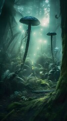 Aufkleber - Mystical enchanted forest with towering ancient trees, glowing bioluminescent fungi, ethereal mist swirling at ground level, faint magical light beams filtering through the dense canopy, serene yet