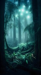 Aufkleber - Mystical enchanted forest with towering ancient trees, glowing bioluminescent fungi, ethereal mist swirling at ground level, faint magical light beams filtering through the dense canopy, serene yet
