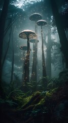 Aufkleber - Mystical enchanted forest with towering ancient trees, glowing bioluminescent fungi, ethereal mist swirling at ground level, faint magical light beams filtering through the dense canopy, serene yet