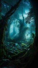 Aufkleber - Mystical enchanted forest with towering ancient trees, glowing bioluminescent fungi, ethereal mist swirling at ground level, faint magical light beams filtering through the dense canopy, serene yet