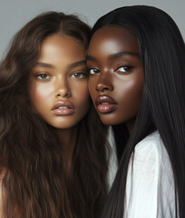 Wall Mural - Two beautiful young black women with healthy shiny long hair	