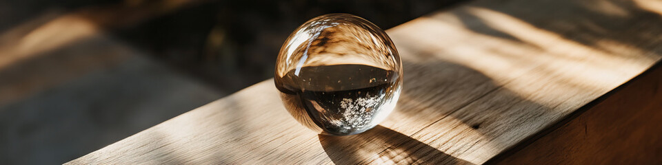 Wall Mural - Glass Sphere on Wooden Surface with Sunlight Shadows