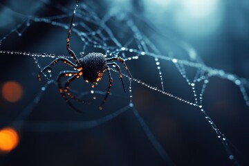 Poster - Spider weaves intricate web adorned with droplets in a dimly lit environment during early morning hours