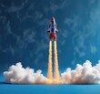 © Kingphet - A toy rocket blasting off into the sky with a trail of smoke on a bright blue background , rocket ship, motion