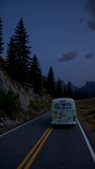Aufkleber - A vintage van driving towards a massive glowing sunset, surrounded by mountains and trees.