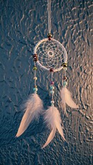 Poster - A traditional dreamcatcher hanging against a textured blue wall.