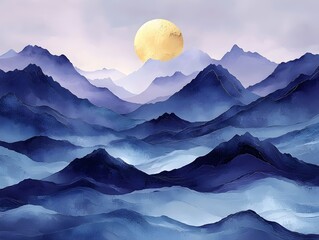 Wall Mural - A serene landscape of rolling mountains in varying shades of blue, beneath a soft golden sun casting a warm glow, creating a tranquil and ethereal atmosphere.