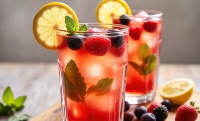 Wall Mural - Refreshing summer drinks with berries and lemon