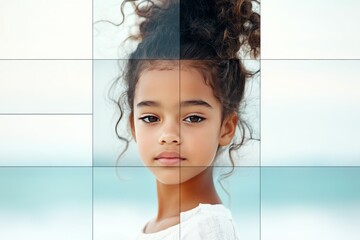 Young girl with curly hair poses by the beach during a bright day, showcasing beautiful natural features and serene expression