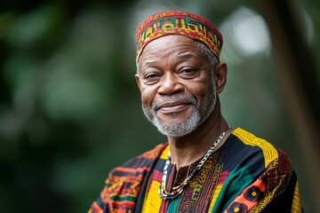 Man in traditional attire smiles warmly against a lush green backdrop during a sunny afternoon