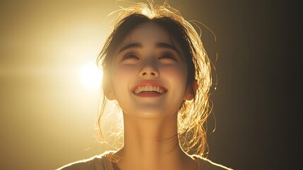 Radiant Asian woman beaming with joy showcasing her captivating smile in a soft natural lighting setting that highlights her confident and positive energy