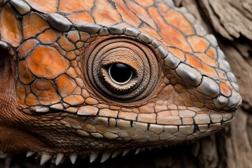 Wall Mural - Close-up of a vibrant orange and brown lizard basking on textured bark in a lush forest setting during daylight