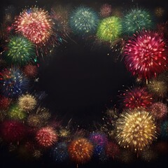 Wall Mural - border frame of colorful fireworks on black background with copy space for text