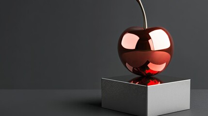 Poster - Reflective Cherry in a Minimalist Black Void Showcasing Chrome Elegance