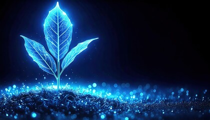 Wall Mural - a glowing leaf blue and dots of lines around the leaf black bacground