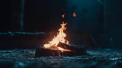 Poster - Captivating image of a flickering campfire burning brightly in the dark wilderness with glowing embers and dancing flames casting warm moody light across the rugged landscape  This dramatic
