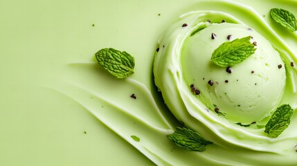 Wall Mural - Refreshing mint chocolate chip ice cream scoop, garnished with fresh mint leaves.