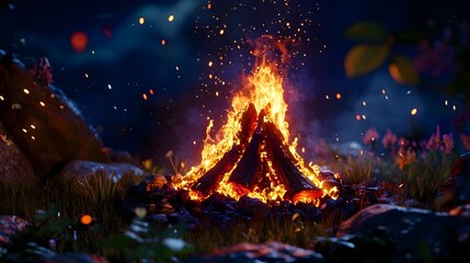 Poster - Captivating image of a roaring campfire surrounded by a serene forest landscape with the night sky glittering with stars above  The warm flames cast a mesmerizing glow