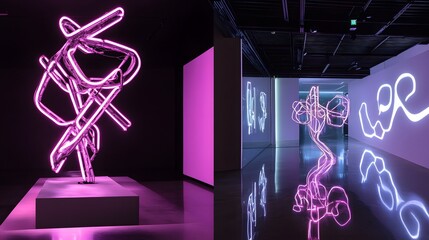 Leinwandbilder - Captivating neon sculpture installation in a dark futuristic urban setting creating a visually striking and immersive experience  The glowing abstract forms and shapes evoke a sense of technology