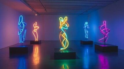 Leinwandbilder - Captivating Neon Sculptures Luminous Geometric Installations Ignite the Senses in Avant Garde Exhibition  Cutting edge digital inspired artworks create a mesmerizing futuristic atmosphere