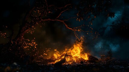 Poster - Captivating Nighttime Scene of a Raging Fire Consuming a Tree Amidst the Darkness of the Wilderness with Intense Flames Smoke and Sparks Illuminating the Surrounding Nature