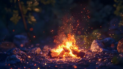 Poster - Cozy and Glowing Campfire Crackling in the Serene Wilderness Under the Starry Night Sky Illuminating the Surrounding Forest with its Warm and Mystical Light