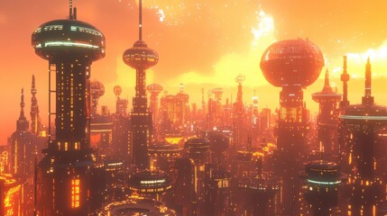 Wall Mural - A cityscape with many tall buildings and a large glowing orb in the center