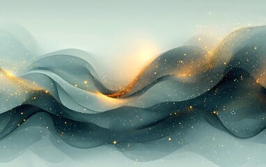 Wall Mural - An abstract wave pattern featuring soft gradients of teal and gold, creating a serene and mystical atmosphere with sparkling particles enhancing the visual depth.