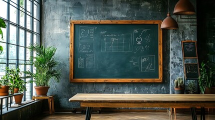 Leinwandbilder - Vintage chalkboard with chalked diagrams and formulas in a rustic industrial style classroom interior with large windows potted plants and warm lighting creating a study or learning environment