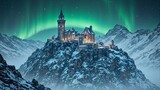 A majestic snow castle with glowing towers on a mountain peak set against a vivid green aurora An enchanting winter wonderland scene