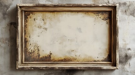 Poster - Vintage distressed wooden frame with a worn textured surface set against a weathered grunge wall backdrop  This image can be used as a backdrop for photography art display