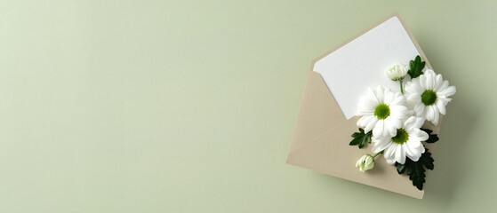 Wall Mural - Beige envelope with white daisy flowers and green leaves on a light green background. Happy Mothers Day banner design