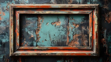 Poster - Vintage Distressed Wooden Picture Frame with Vibrant Turquoise and Orange Hues   Rustic Grunge Textured Background for Art Decor and Design