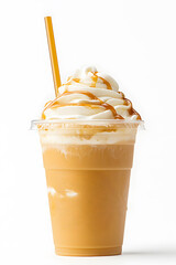 Sticker - Iced coffee with whipped cream in a plastic takeaway cup isolated on a white background