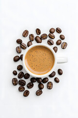 Wall Mural - Top view white cup of coffee with coffee beans scattered around it on a white background