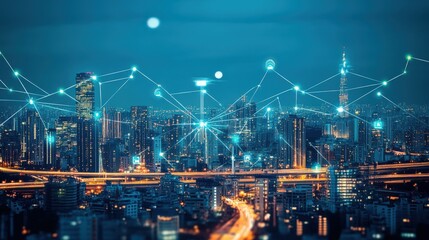 Wall Mural - a cityscape with a network of lines connecting the buildings
