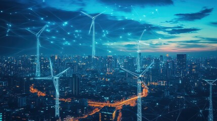 Wall Mural - a city skyline with many wind turbines in the background