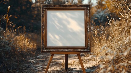 Poster - Vintage wooden frame placed on a rustic easel showcasing a captivating autumn woodland landscape with a peaceful path leading through a forest filled with vibrant foliage and natural lighting