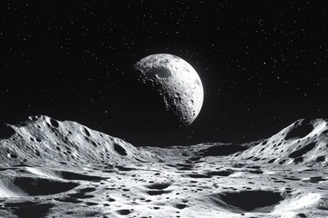 Wall Mural - desolate beauty expansive lunar landscape with craters and half moon against starry sky